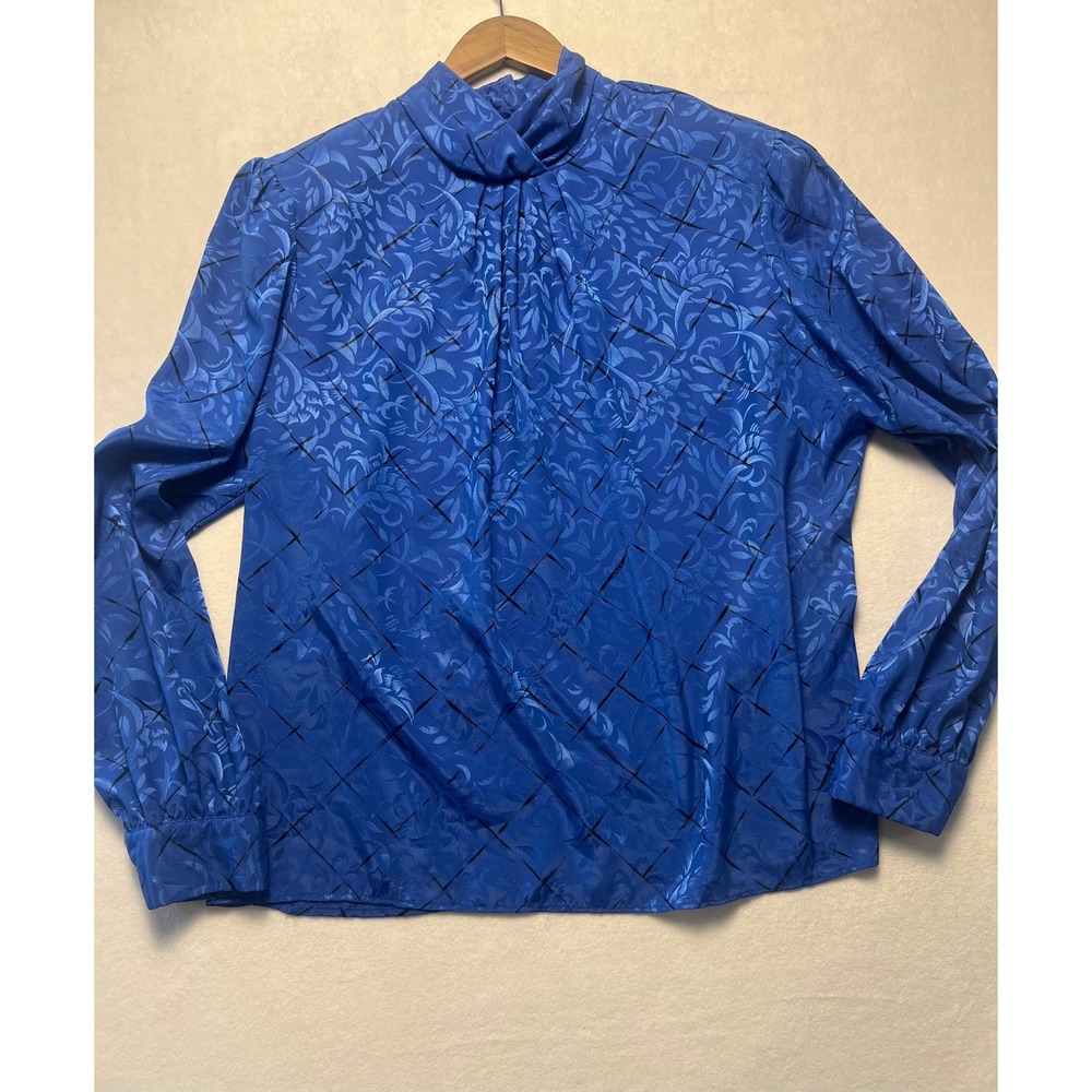 VTG Helene St. Marie 16 Blouse Royal Blue Jacquard Mock Neck Long Sleeve Retro